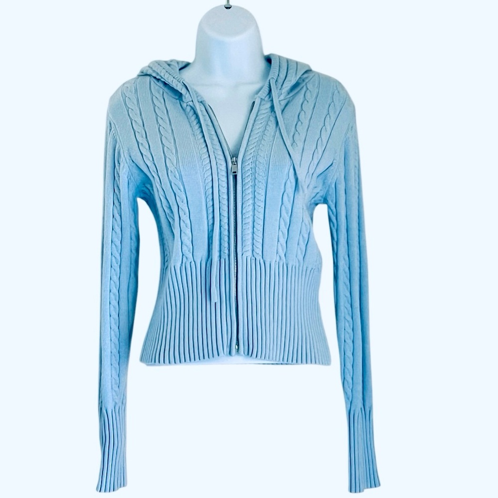 Stella Tweed Light Blue Cable Knit Hoodie – Size L – Zip Up Slim Fit Sweater